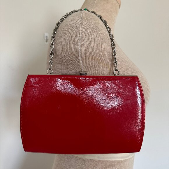 Hobo International Red Patent Leather Clutch Handbag w/chain Leather Vintage - Picture 1 of 12